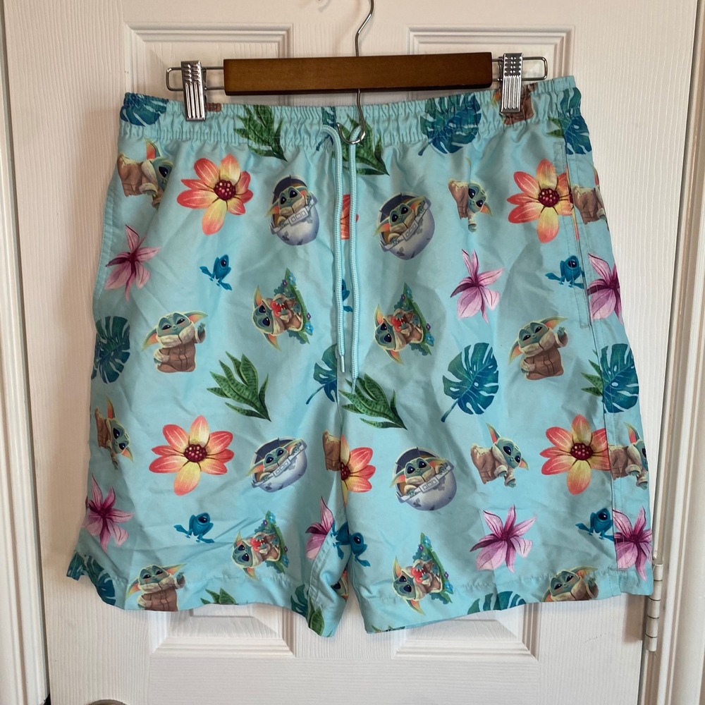 Star Wars Grogu Baby Yoda Tropical Swim Trunks Mens Medium Blue Floral Shorts